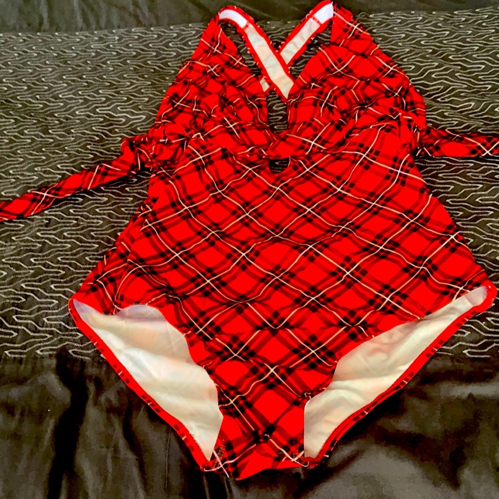 Red plaid one piece swimsuit